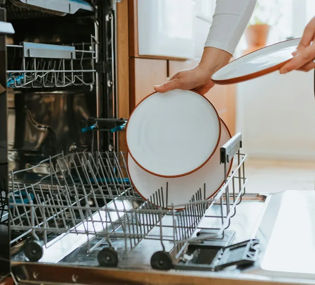 Loading plates into an open dishwasher