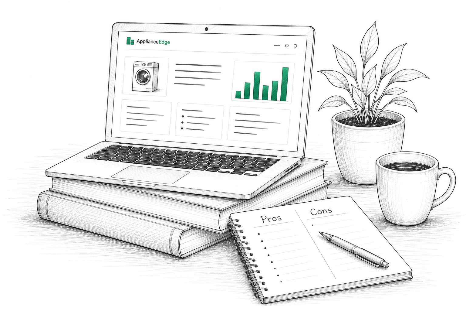 A sketch of a laptop on a stack of books beside a plant, coffee mug, and pros/cons notebook — the ApplianceEdge research toolkit