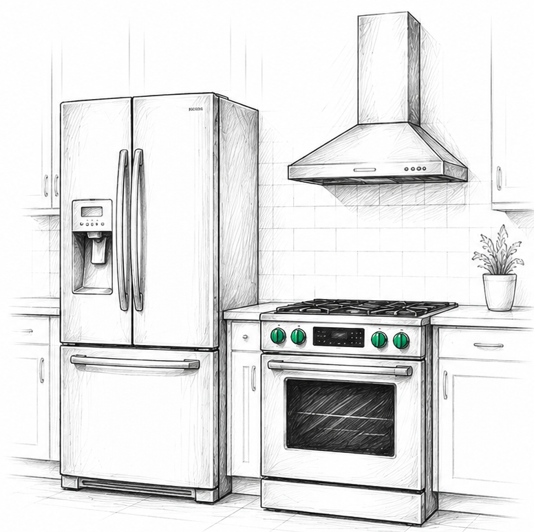 Kitchen scene with refrigerator, range, and hood — hand-sketched editorial illustration